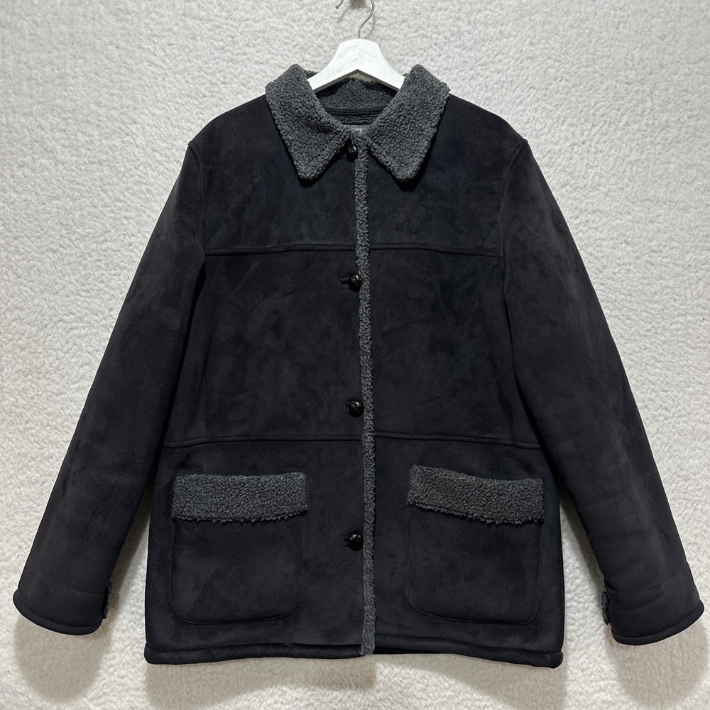 Ralph Lauren Faux Suede Shearling Coat Women's Sherpa Lined Black & Gray Size L
